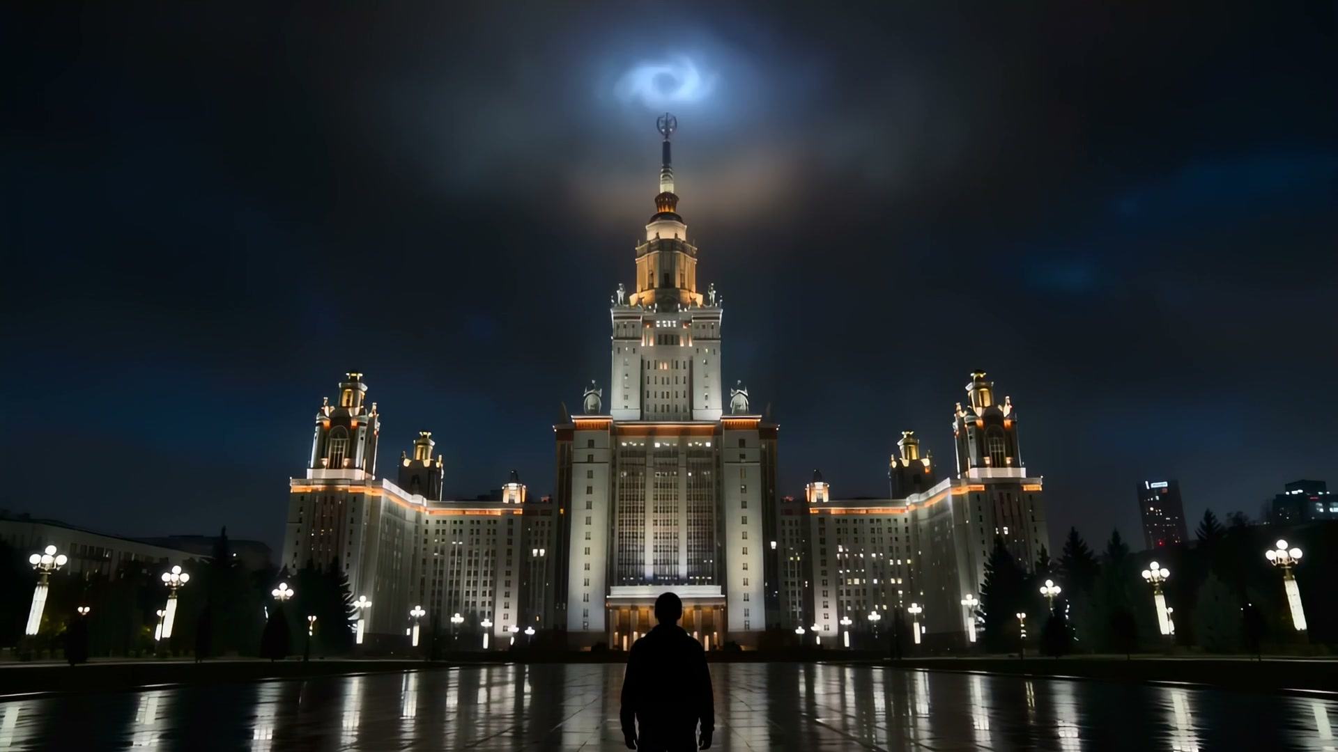 Ночная Москва: силуэт человека на мокром асфальте перед МГУ — над шпилем светится синий портал.